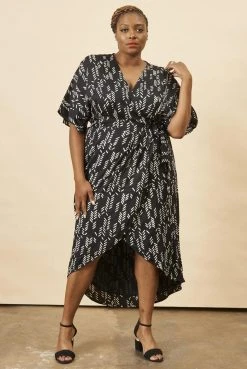 Symbology Stylized Feather Modal Wrap Dress - Black + Cream