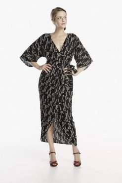 Symbology Stylized Feather Modal Wrap Dress - Black + Cream
